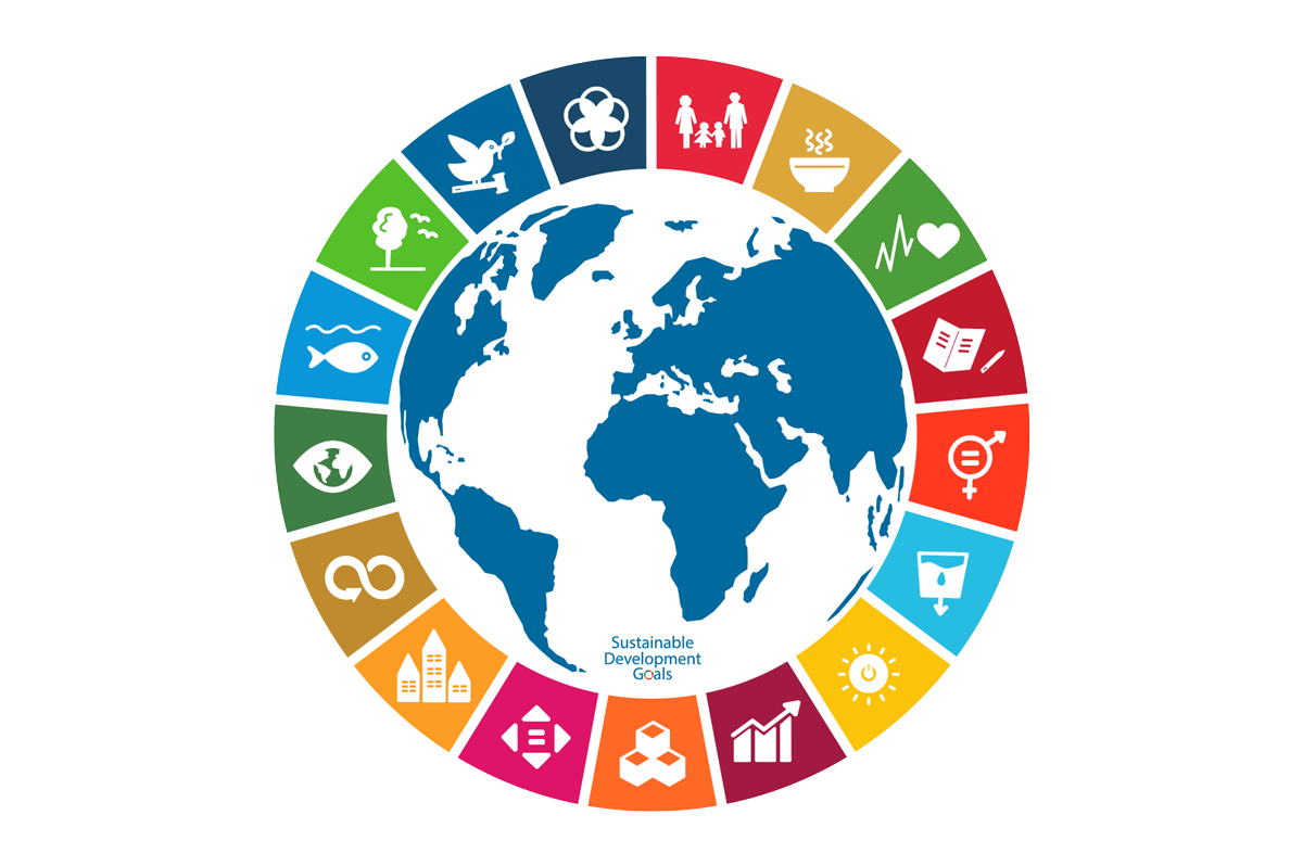 Die Grafik zeigt eine Weltkugel und 17 darum angeordneten Symbolen der einzelnen Nachhaltigkeitsziele